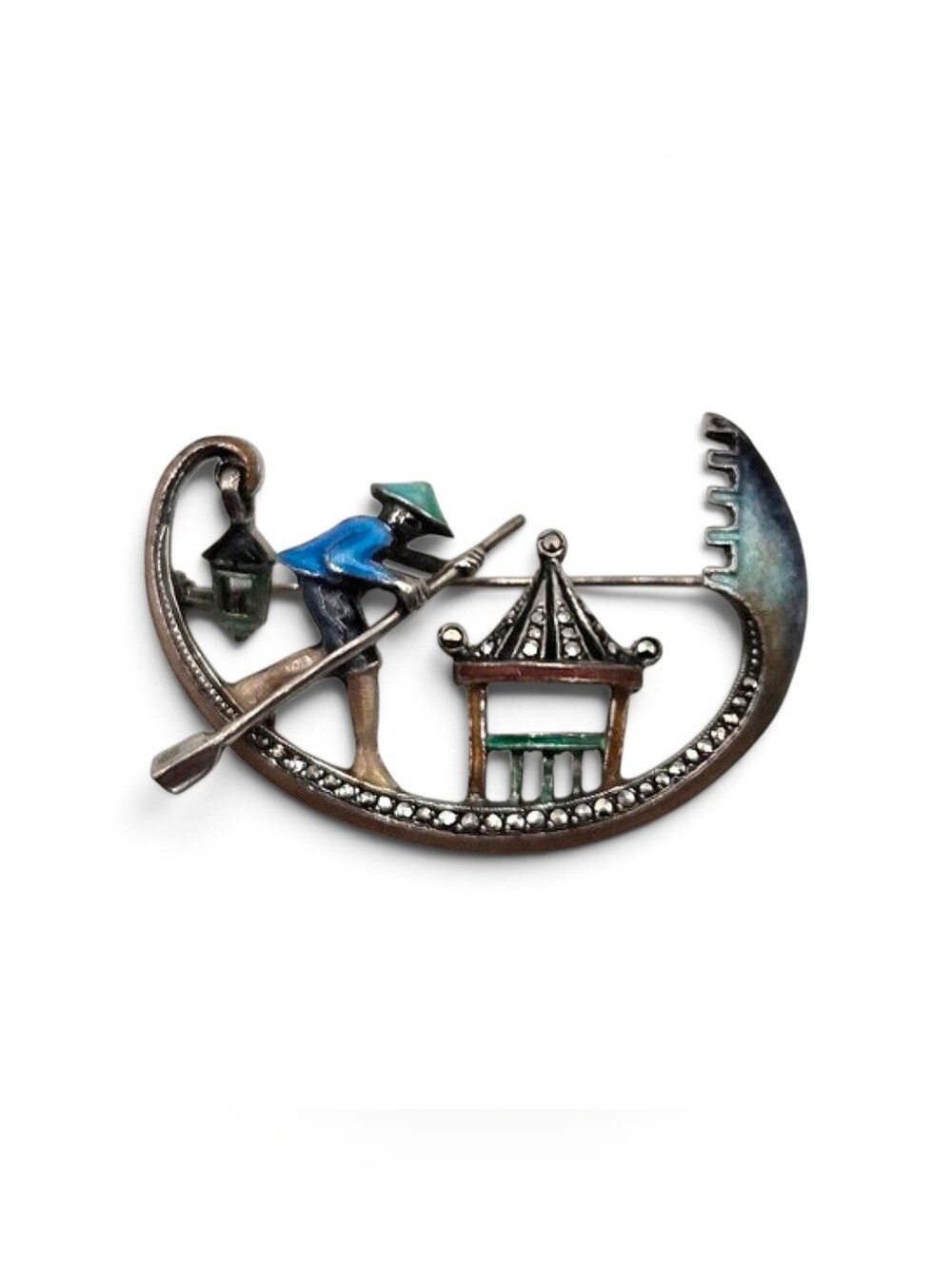 Vintage Sterling Silver Enamel & Marcasite Scenic Brooch | Figural Gondolier